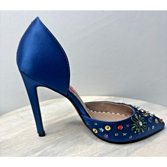 Betsey Johnson Mayson Heels Sz 6 Blue Satin Jeweled Sequin Shoes Pumps - Picture 7 of 10